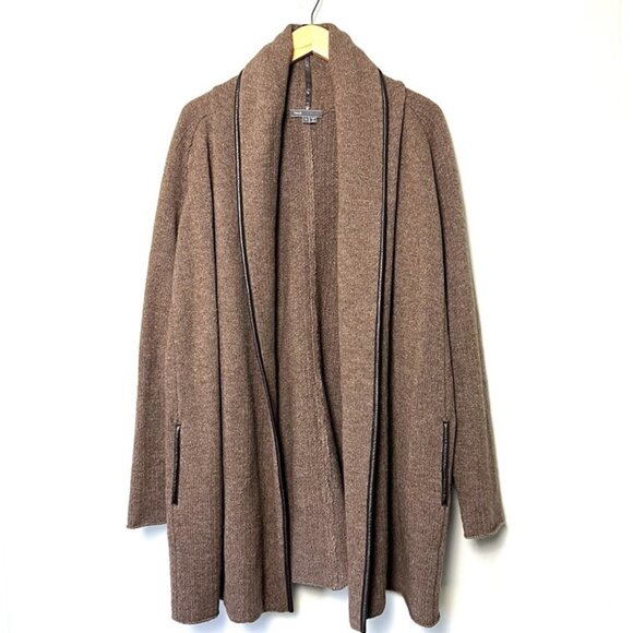 Vince Sweaters - Vince Open Front Longline Wool Cardigan sz L Alpaca Yak Cashmere Leather Trim